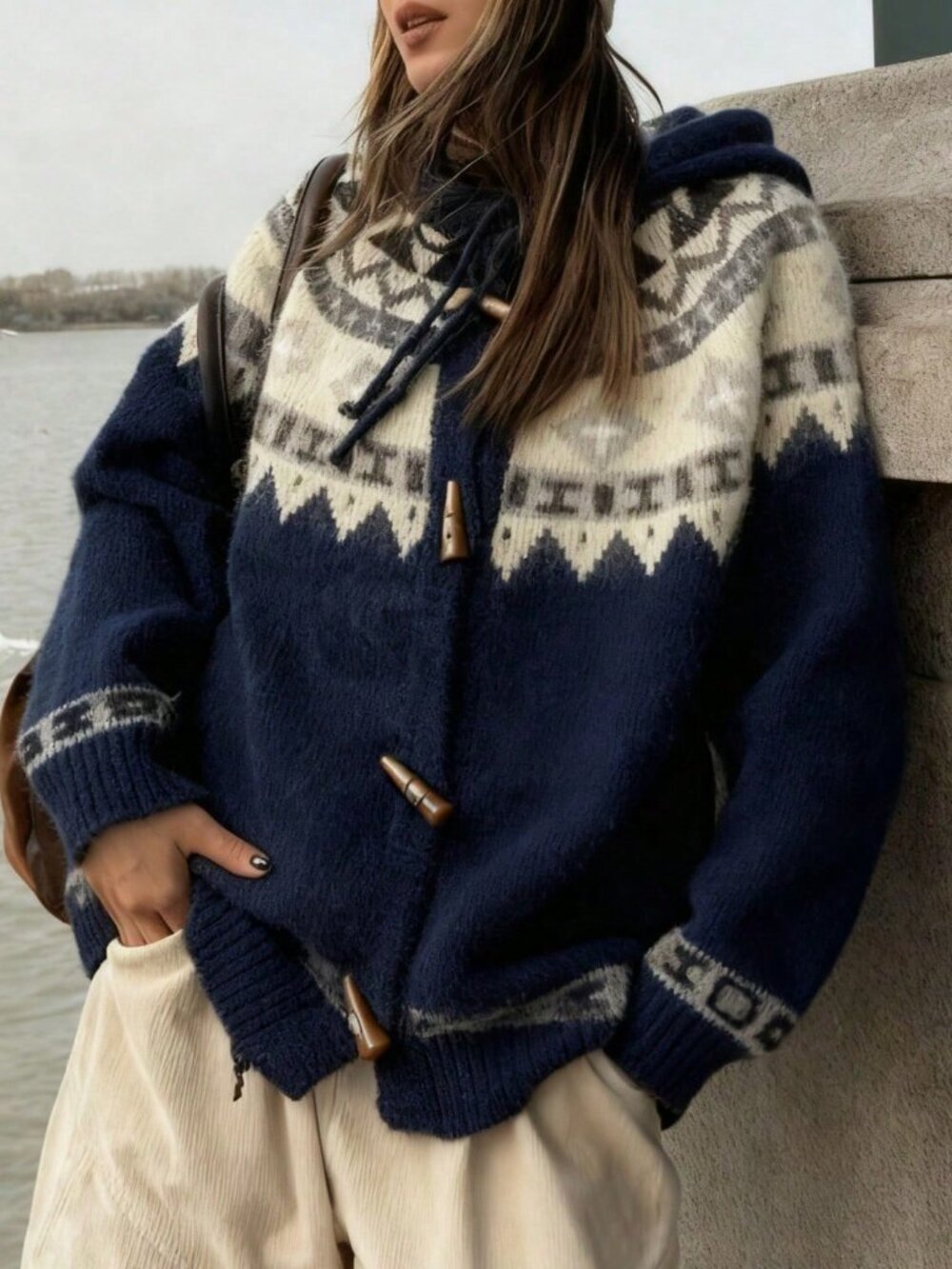 Navy Cute Women's Geometric Christmas Drop Sleeve Rib-Knit Pullovers